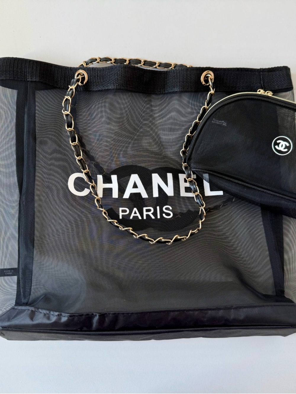 CHANEL Black Mesh Tote with Gold Chain-Trim Shoulder Strap